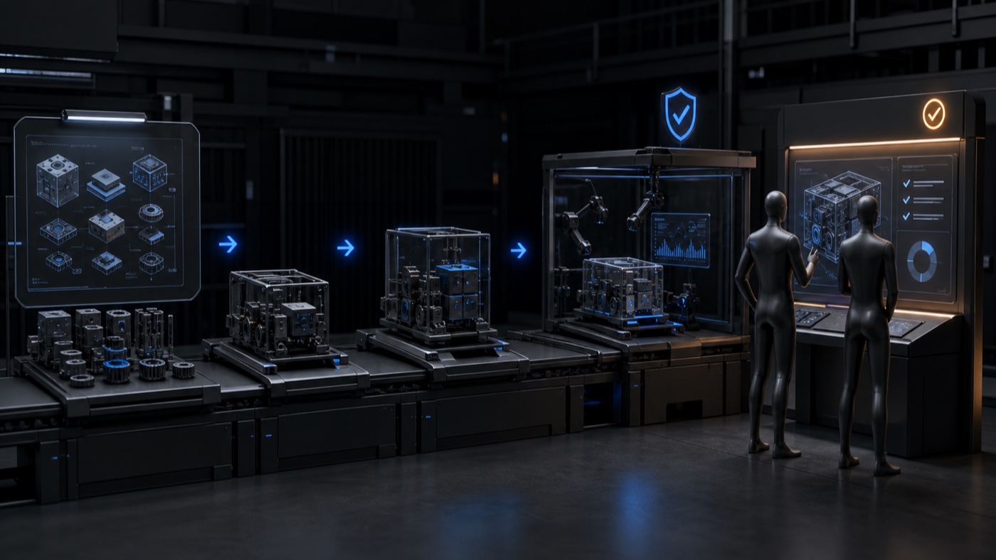 Two featureless human representatives reviewing a modular software production system assembled from managed components and validation controls.