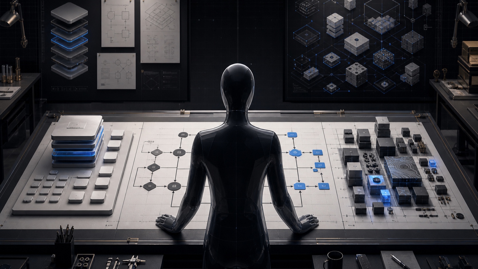 Featureless human representative comparing a standardized software stack with a modular system design across a technical workbench.