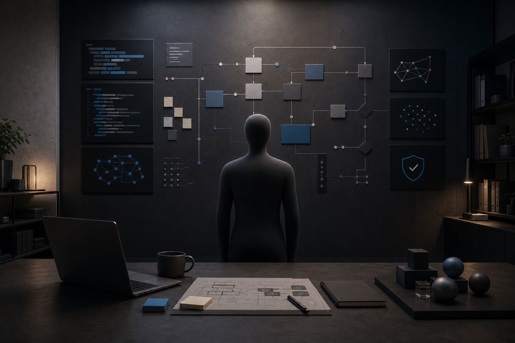 Featureless charcoal human form at a dark engineering workspace, facing workflow nodes, code panels, and connected system diagrams.