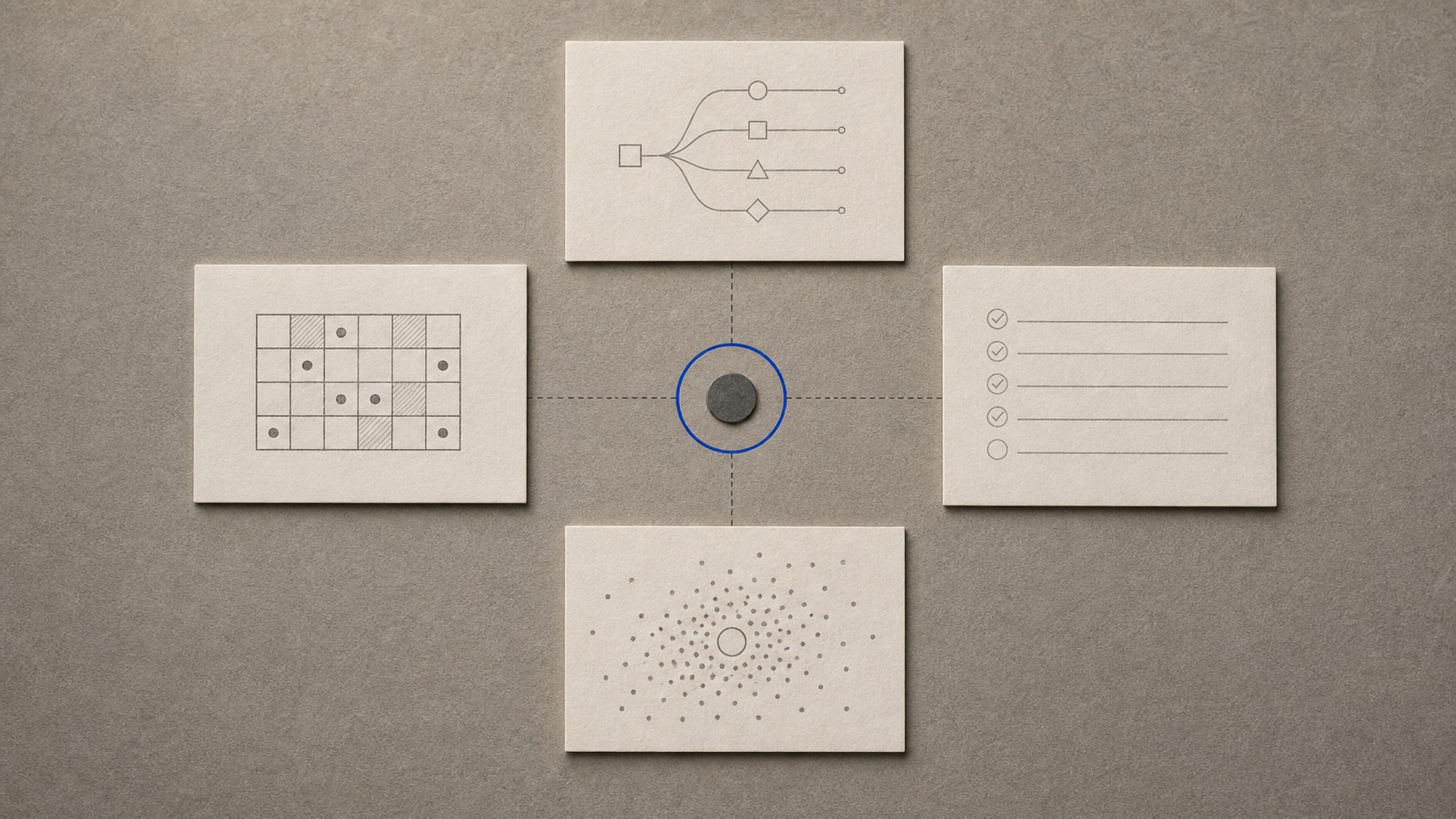 Four paper cards with different operating diagrams arranged around a central graphite decision marker inside a blue ring.