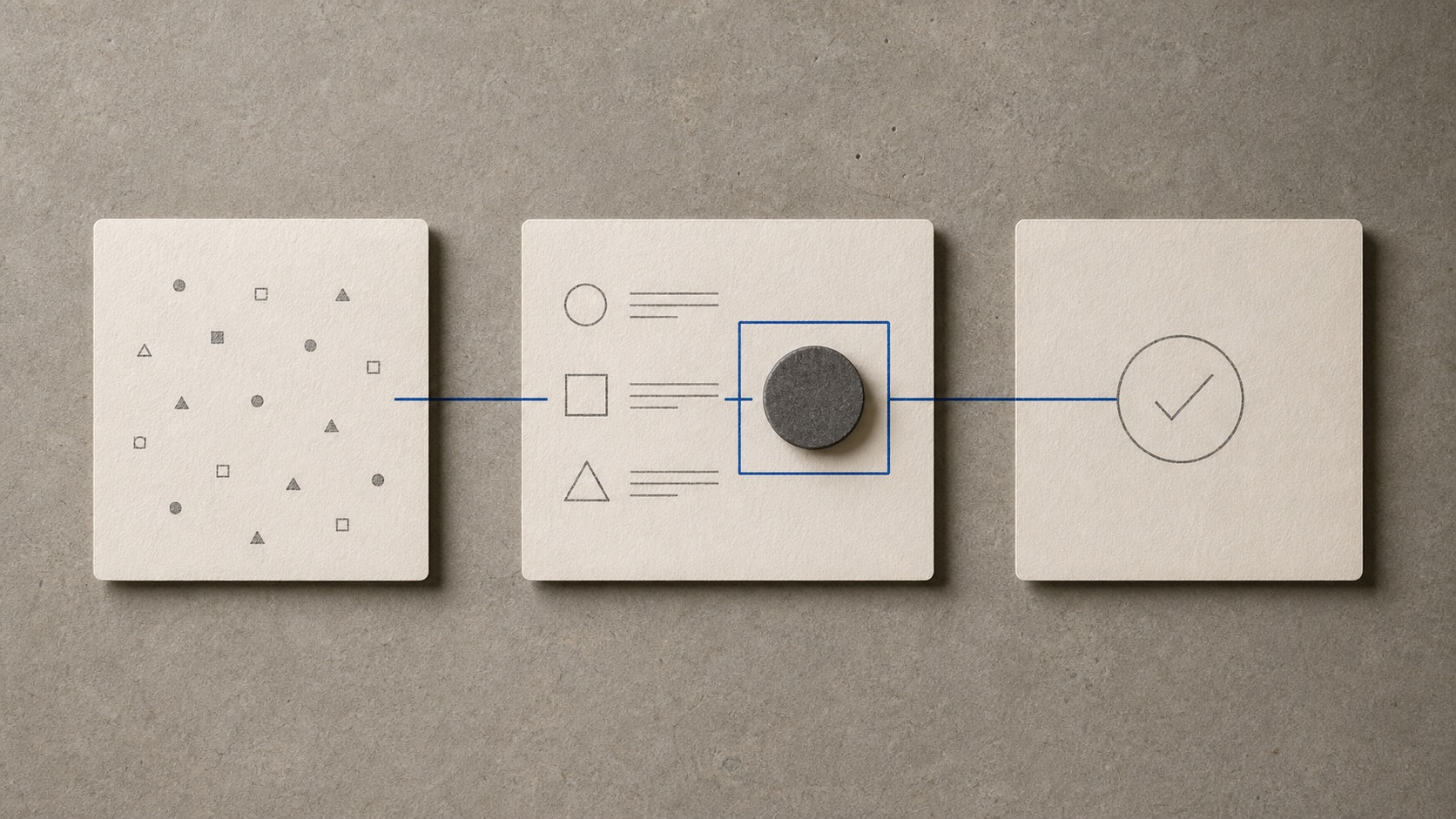 Three workflow cards connected by a blue line, with a graphite review token set inside a blue decision gate before a verified outcome.