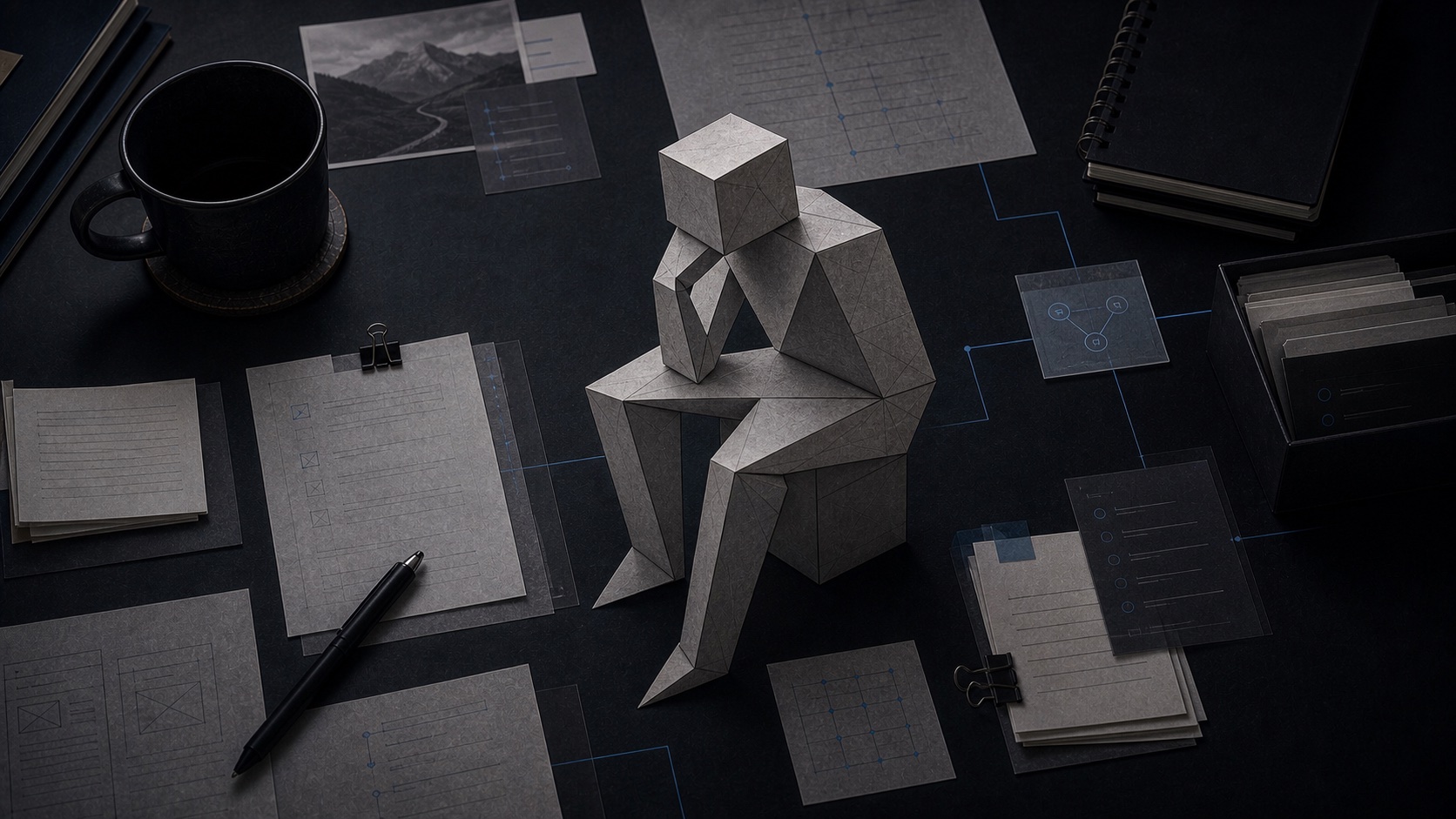Abstract seated thinking form on a dark working surface, with documents and blue signal lines connecting AI tools to human mission.