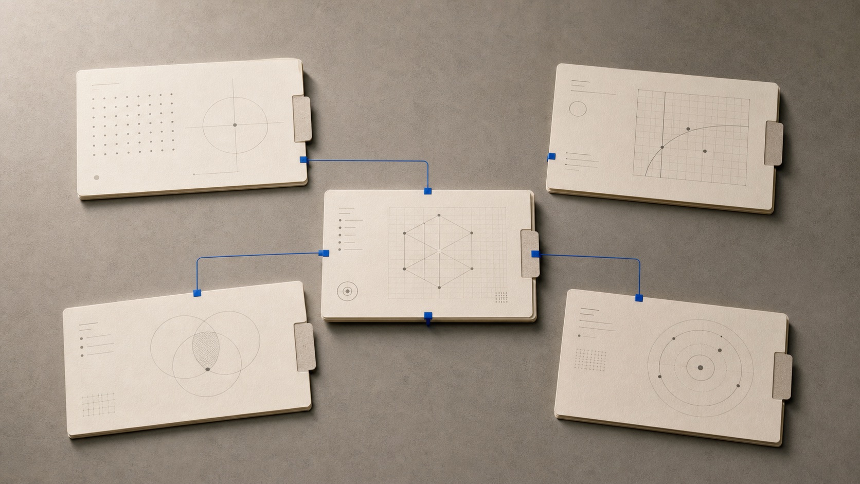 Five paper knowledge cards connected to a central source card by blue lines.
