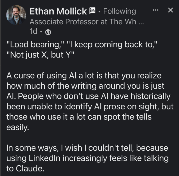 Ethan Mollick LinkedIn post calling out common AI writing phrases