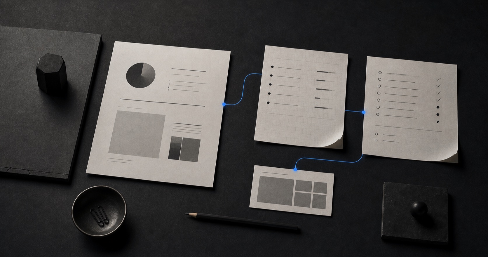 Overhead view of a decision brief, source notes, a review checklist, and a reusable template card connected by a restrained blue signal line.